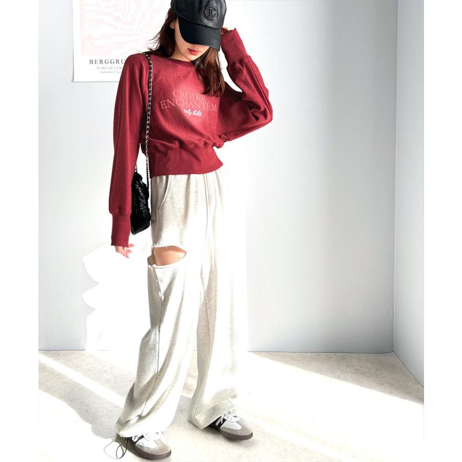 【mily bilet】トップス スウェット レディース ラインストーン ぼかし 英字 プリント 裏毛 使い クロップド丈 プルオーバー 長袖 ラグランスリーブ | classicalelf | 16