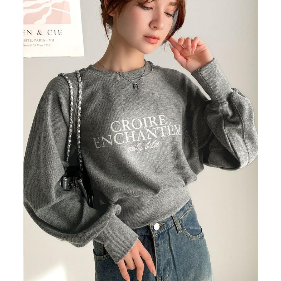 【mily bilet】トップス スウェット レディース ラインストーン ぼかし 英字 プリント 裏毛 使い クロップド丈 プルオーバー 長袖 ラグランスリーブ | classicalelf | 04