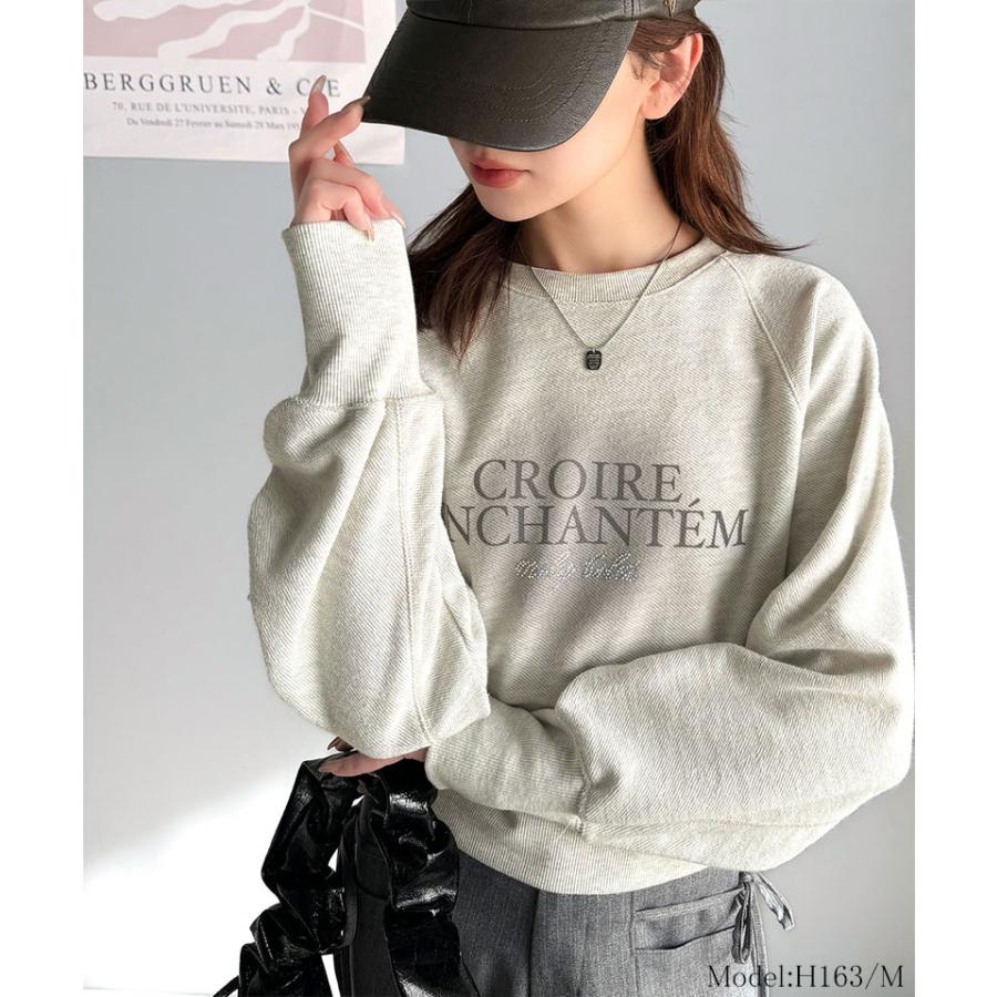 【mily bilet】トップス スウェット レディース ラインストーン ぼかし 英字 プリント 裏毛 使い クロップド丈 プルオーバー 長袖 ラグランスリーブ | classicalelf | 07