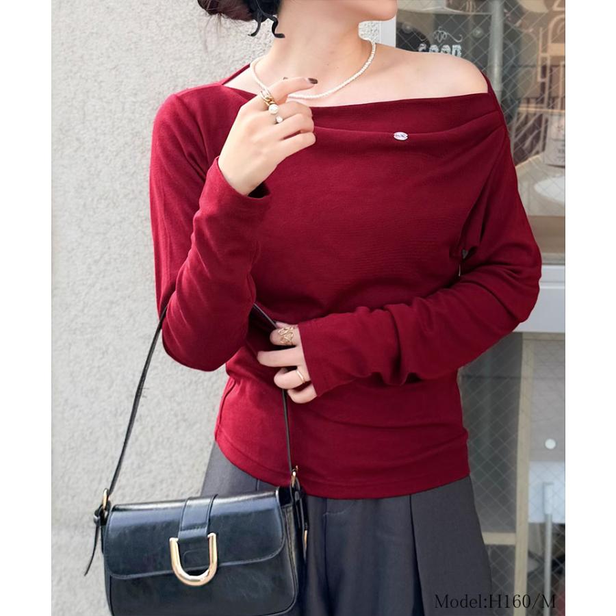 【mily bilet】ドレープ ネックトップス Tシャツ レディース 長袖 アシンメトリー デザイン シェル ボタン 立体感 カットソー ロンT 大きいサイズ | classicalelf | 13