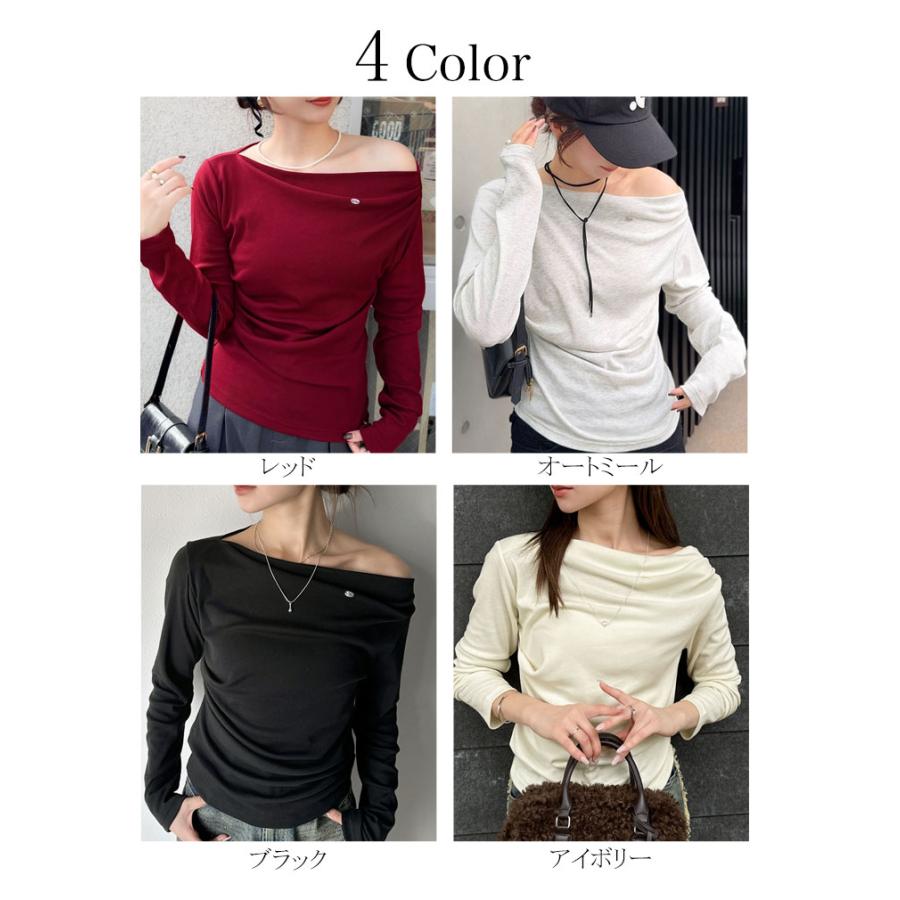 【mily bilet】ドレープ ネックトップス Tシャツ レディース 長袖 アシンメトリー デザイン シェル ボタン 立体感 カットソー ロンT 大きいサイズ | classicalelf | 01