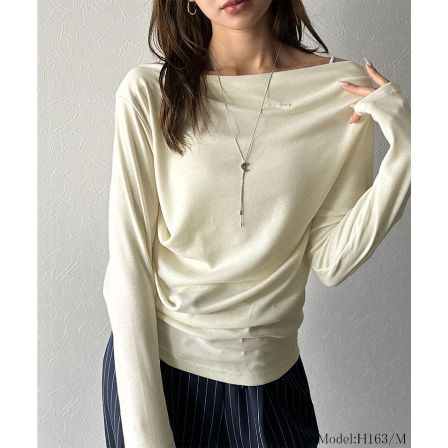 【mily bilet】ドレープ ネックトップス Tシャツ レディース 長袖 アシンメトリー デザイン シェル ボタン 立体感 カットソー ロンT 大きいサイズ | classicalelf | 02