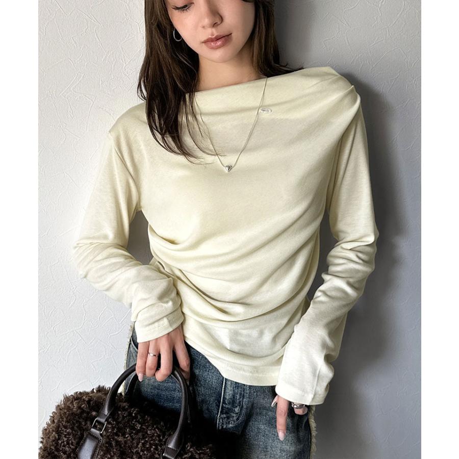【mily bilet】ドレープ ネックトップス Tシャツ レディース 長袖 アシンメトリー デザイン シェル ボタン 立体感 カットソー ロンT 大きいサイズ | classicalelf | 03