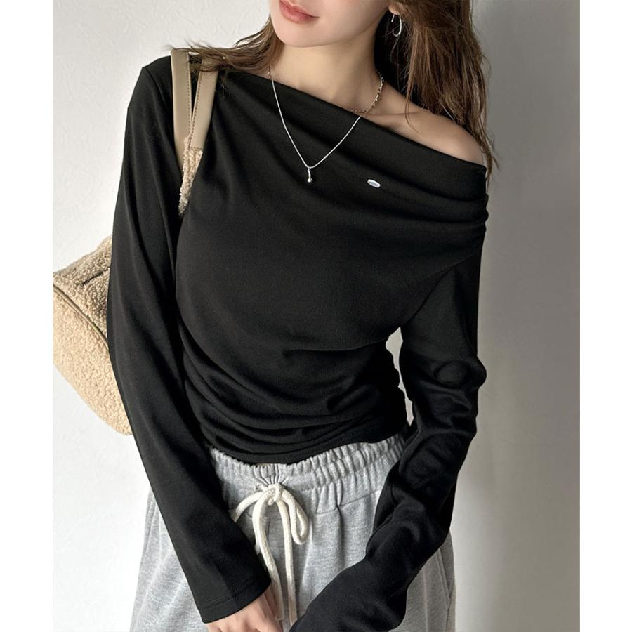 【mily bilet】ドレープ ネックトップス Tシャツ レディース 長袖 アシンメトリー デザイン シェル ボタン 立体感 カットソー ロンT 大きいサイズ | classicalelf | 09