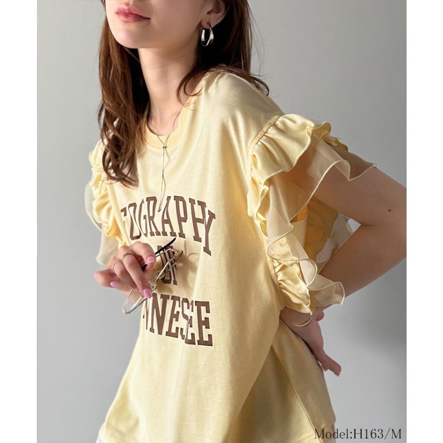【mily bilet】 tシャツ レディース 半袖 ダブル フリル フレンチ スリーブ カレッジ ライク ロゴ ゆる ノースリーブ T ふんわり 二の腕カバー | classicalelf | 13