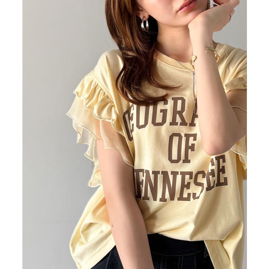【mily bilet】 tシャツ レディース 半袖 ダブル フリル フレンチ スリーブ カレッジ ライク ロゴ ゆる ノースリーブ T ふんわり 二の腕カバー | classicalelf | 14