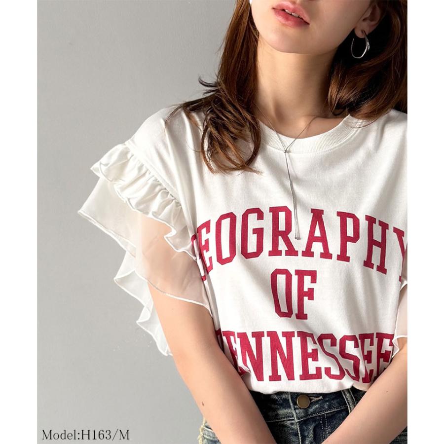【mily bilet】 tシャツ レディース 半袖 ダブル フリル フレンチ スリーブ カレッジ ライク ロゴ ゆる ノースリーブ T ふんわり 二の腕カバー | classicalelf | 03