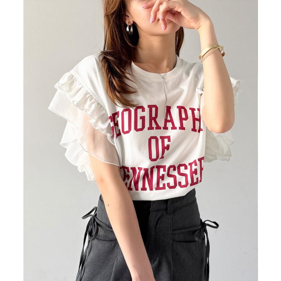 【mily bilet】 tシャツ レディース 半袖 ダブル フリル フレンチ スリーブ カレッジ ライク ロゴ ゆる ノースリーブ T ふんわり 二の腕カバー | classicalelf | 04