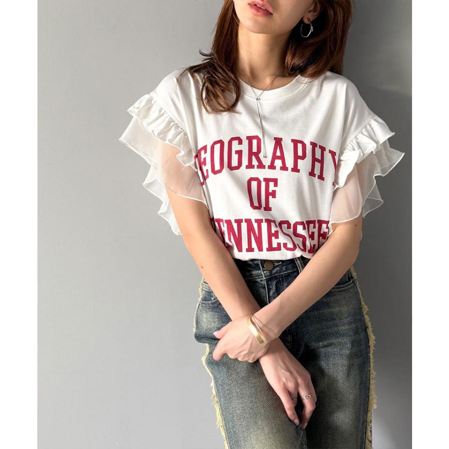 【mily bilet】 tシャツ レディース 半袖 ダブル フリル フレンチ スリーブ カレッジ ライク ロゴ ゆる ノースリーブ T ふんわり 二の腕カバー | classicalelf | 07