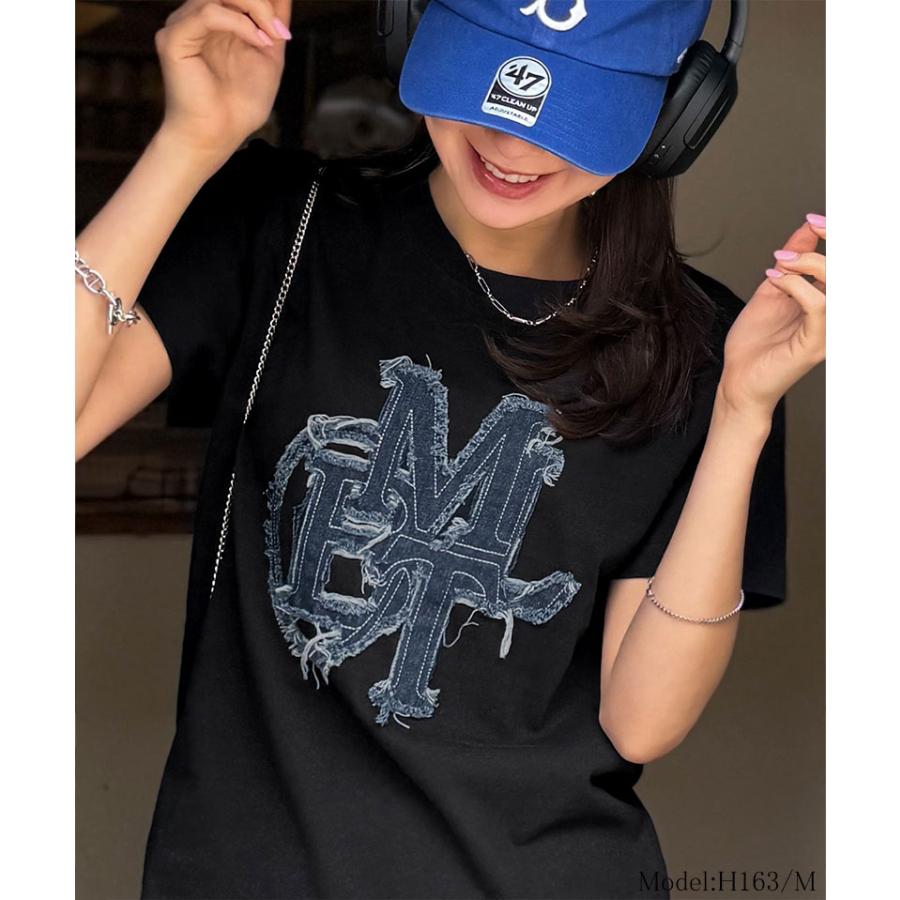 【mily bilet】 トップス Tシャツ レディース デニム フリンジ ダメージ 加工 ワッペン 使い Tee 厚み 天竺 生地 ゆるっと オーバーサイズ 着回し | classicalelf | 10