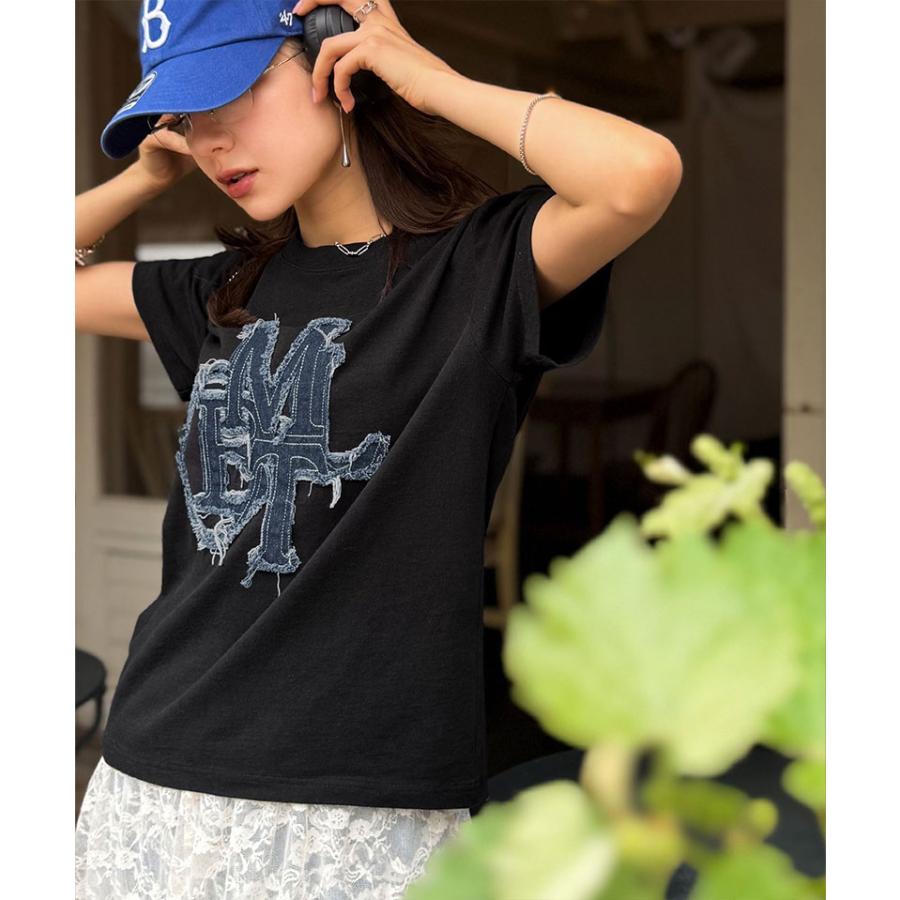【mily bilet】 トップス Tシャツ レディース デニム フリンジ ダメージ 加工 ワッペン 使い Tee 厚み 天竺 生地 ゆるっと オーバーサイズ 着回し | classicalelf | 15