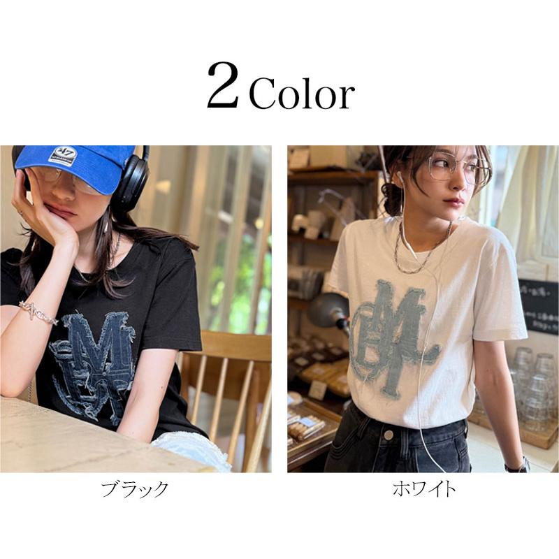 【mily bilet】 トップス Tシャツ レディース デニム フリンジ ダメージ 加工 ワッペン 使い Tee 厚み 天竺 生地 ゆるっと オーバーサイズ 着回し | classicalelf | 02
