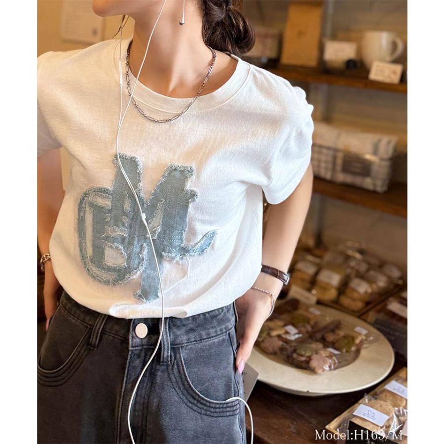 【mily bilet】 トップス Tシャツ レディース デニム フリンジ ダメージ 加工 ワッペン 使い Tee 厚み 天竺 生地 ゆるっと オーバーサイズ 着回し | classicalelf | 03