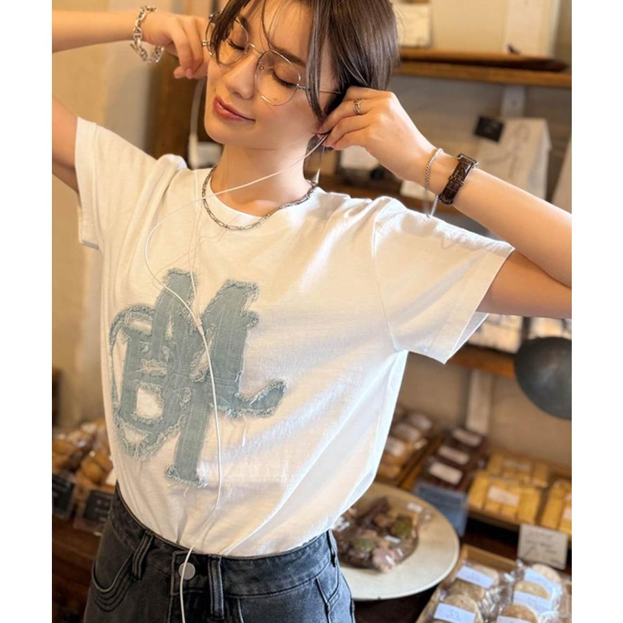 【mily bilet】 トップス Tシャツ レディース デニム フリンジ ダメージ 加工 ワッペン 使い Tee 厚み 天竺 生地 ゆるっと オーバーサイズ 着回し | classicalelf | 04