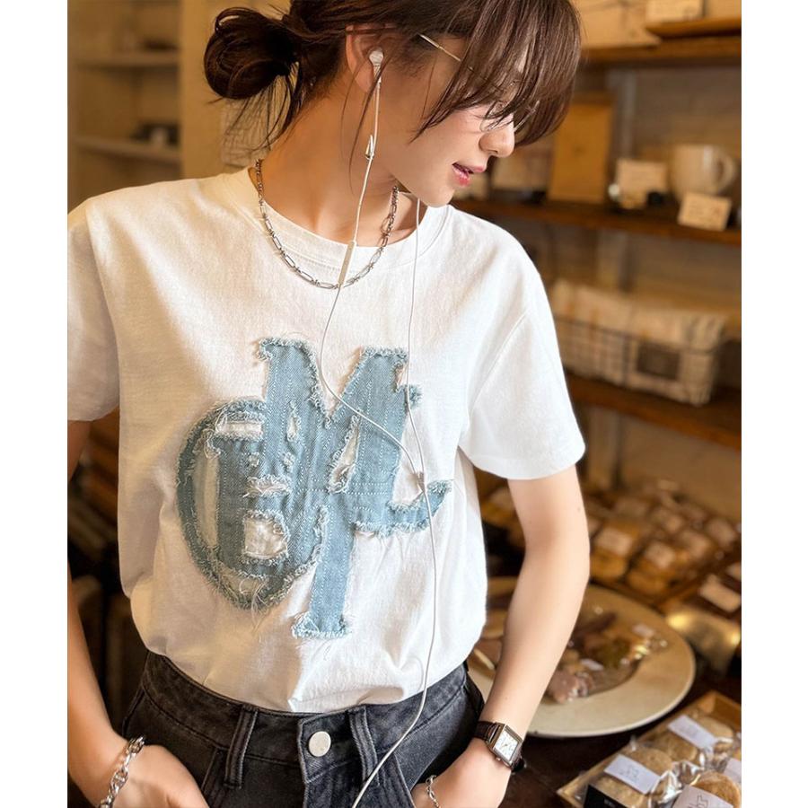 【mily bilet】 トップス Tシャツ レディース デニム フリンジ ダメージ 加工 ワッペン 使い Tee 厚み 天竺 生地 ゆるっと オーバーサイズ 着回し | classicalelf | 05