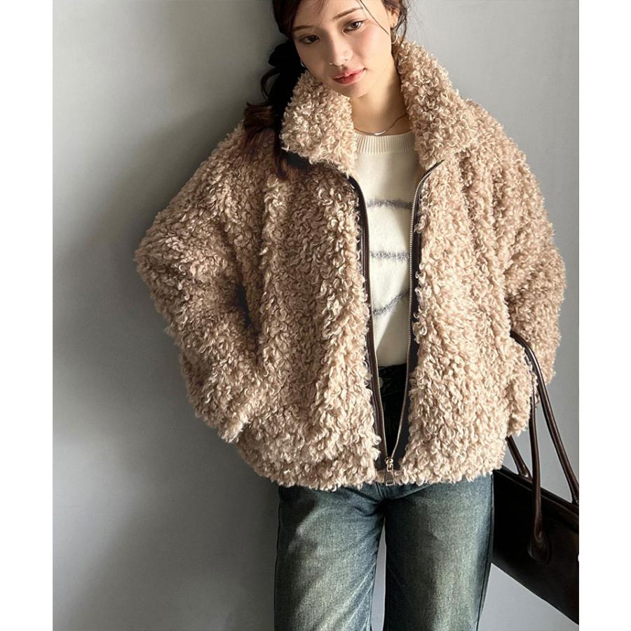 【mily bilet】 ジャケット レディース 秋 アウター ふわふわ ボリューム感 フェイク レザー テープ使い プードルファー ブルゾン 大きいサイズ | classicalelf | 14