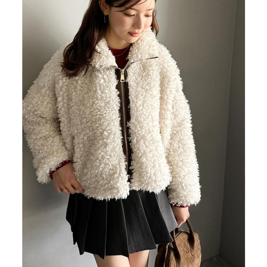 【mily bilet】 ジャケット レディース 秋 アウター ふわふわ ボリューム感 フェイク レザー テープ使い プードルファー ブルゾン 大きいサイズ | classicalelf | 03