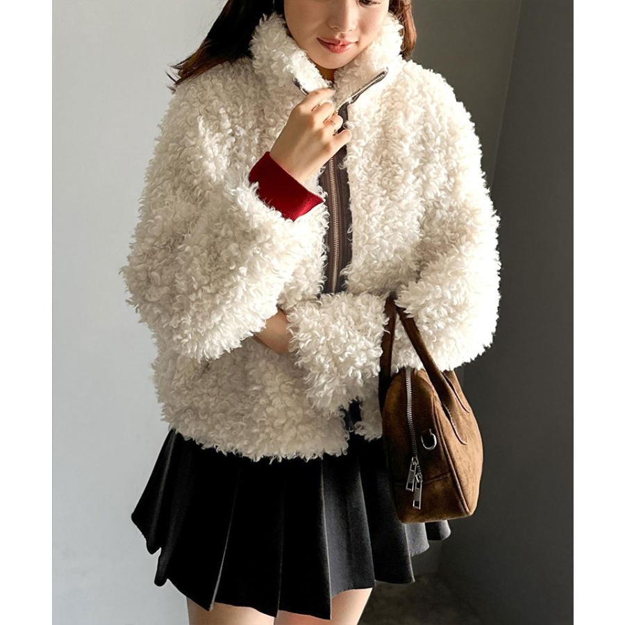 【mily bilet】 ジャケット レディース 秋 アウター ふわふわ ボリューム感 フェイク レザー テープ使い プードルファー ブルゾン 大きいサイズ | classicalelf | 04