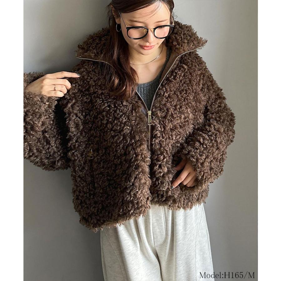 【mily bilet】 ジャケット レディース 秋 アウター ふわふわ ボリューム感 フェイク レザー テープ使い プードルファー ブルゾン 大きいサイズ | classicalelf | 07