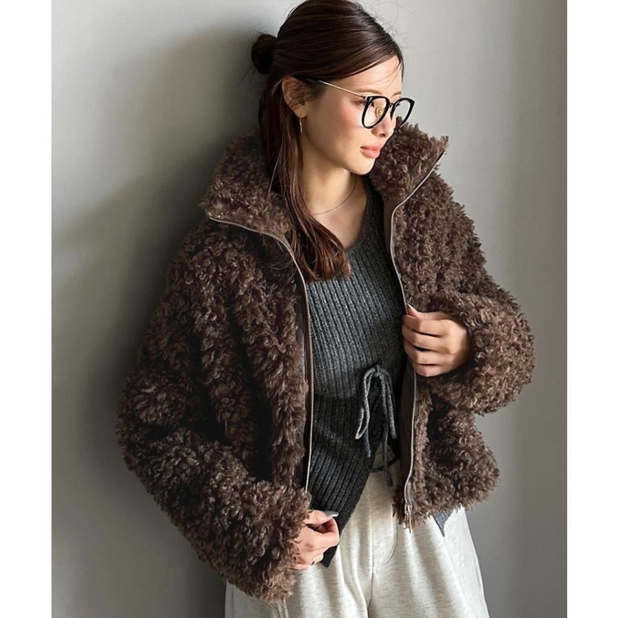 【mily bilet】 ジャケット レディース 秋 アウター ふわふわ ボリューム感 フェイク レザー テープ使い プードルファー ブルゾン 大きいサイズ | classicalelf | 08