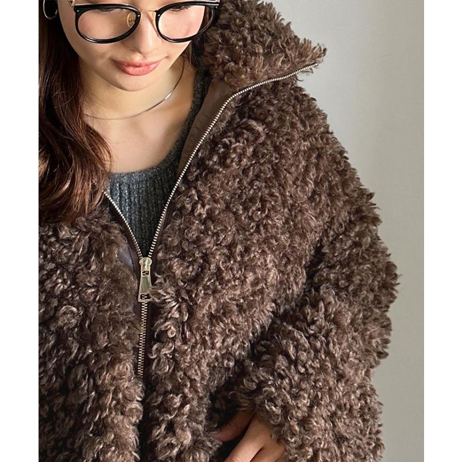 【mily bilet】 ジャケット レディース 秋 アウター ふわふわ ボリューム感 フェイク レザー テープ使い プードルファー ブルゾン 大きいサイズ | classicalelf | 09