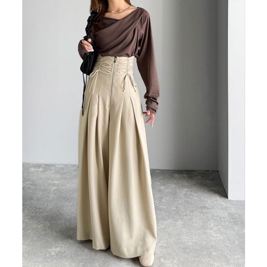 【mily bilet】 ボトムス パンツ レデイース コルセット 風 ウエスト シャーリング ハイウエスト タック 入り ワイドパンツ スタイルアップ 大きいサイズ | classicalelf | 05