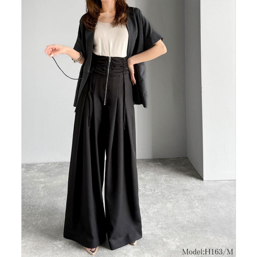 【mily bilet】 ボトムス パンツ レデイース コルセット 風 ウエスト シャーリング ハイウエスト タック 入り ワイドパンツ スタイルアップ 大きいサイズ | classicalelf | 07