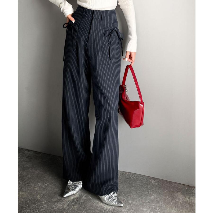 【mily bilet】ボトムス パンツ レディース スラックス ワイドパンツ タック入り サイドリボン ストレート 脚長効果 華やか 美ライン 上品 きれいめ | classicalelf | 14