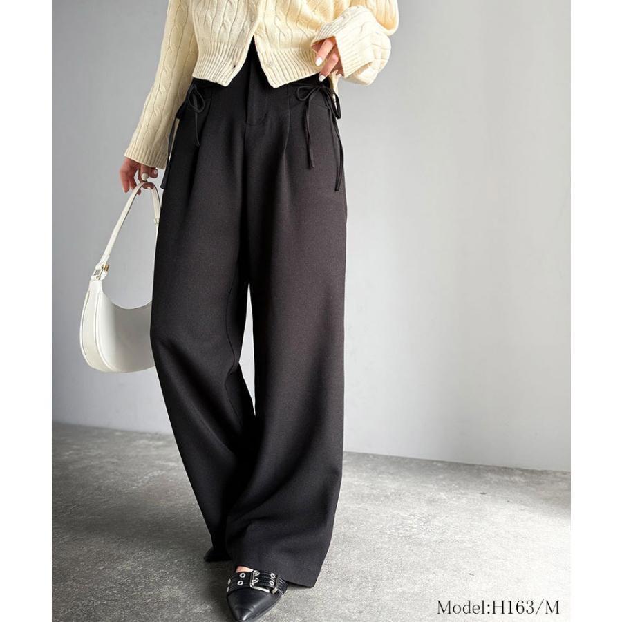【mily bilet】ボトムス パンツ レディース スラックス ワイドパンツ タック入り サイドリボン ストレート 脚長効果 華やか 美ライン 上品 きれいめ | classicalelf | 02