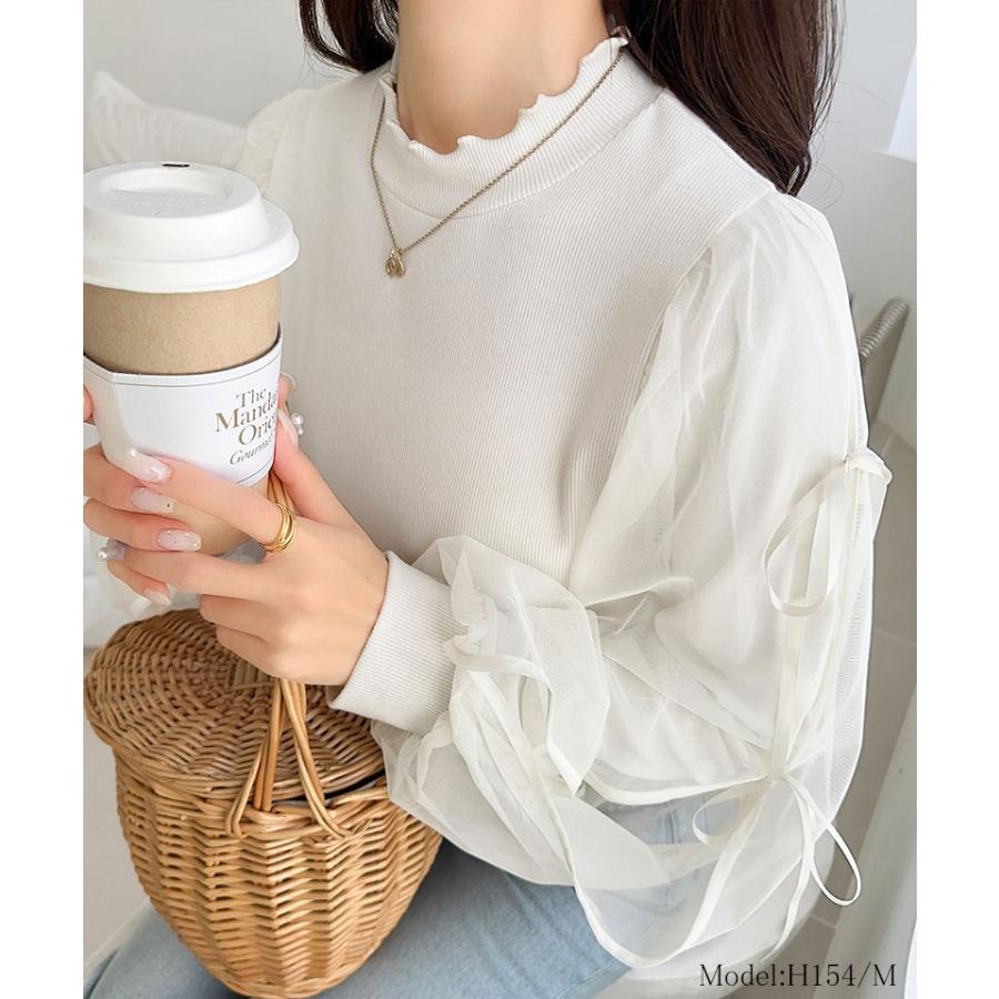 【mily bilet】トップス カットソー レディース ニット フェミニン ニットソー ふんわりチュール リボン サイドスリット 大人可愛い メローネック | classicalelf | 03