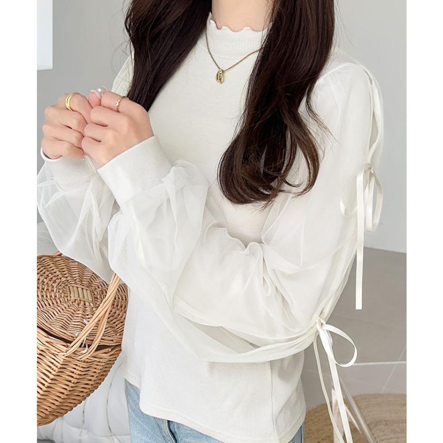【mily bilet】トップス カットソー レディース ニット フェミニン ニットソー ふんわりチュール リボン サイドスリット 大人可愛い メローネック | classicalelf | 05