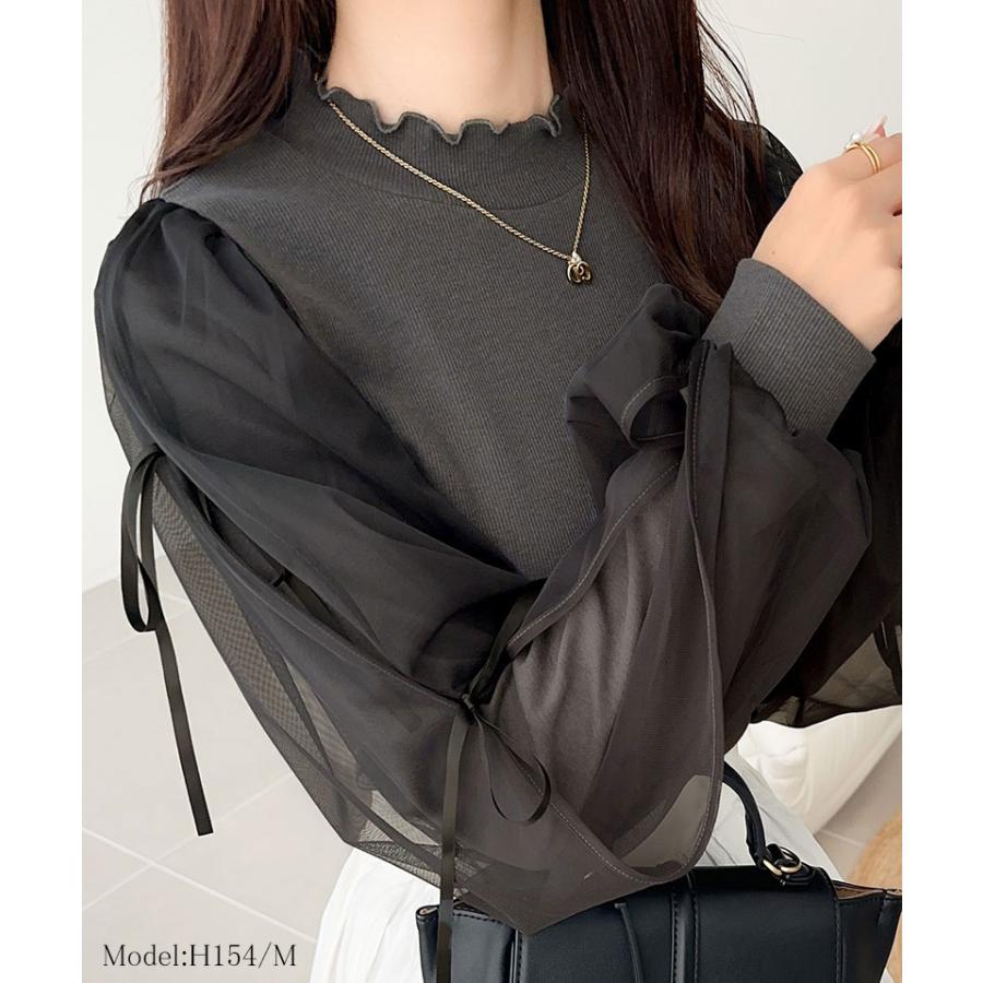 【mily bilet】トップス カットソー レディース ニット フェミニン ニットソー ふんわりチュール リボン サイドスリット 大人可愛い メローネック | classicalelf | 08