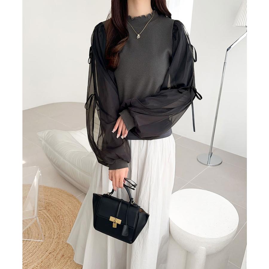 【mily bilet】トップス カットソー レディース ニット フェミニン ニットソー ふんわりチュール リボン サイドスリット 大人可愛い メローネック | classicalelf | 09