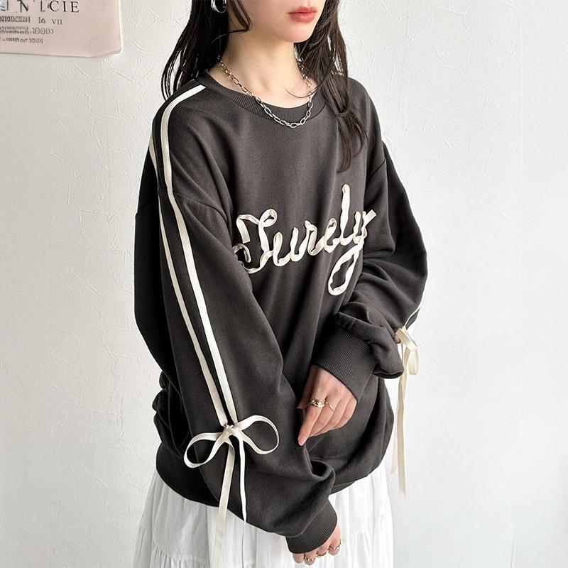 【mily bilet】トップス スウェット レディース トレーナー サテンリボン ロゴ サイドシャーリング 大人 可愛い ゆるっと カジュアル フェミニン | classicalelf | 19