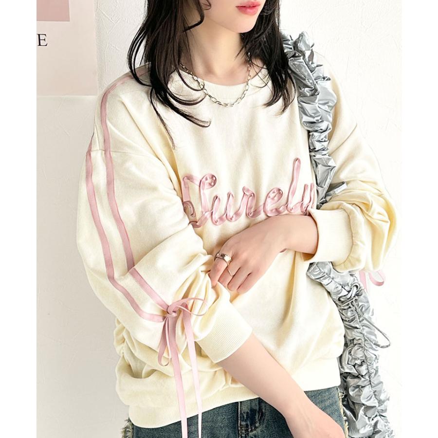 【mily bilet】トップス スウェット レディース トレーナー サテンリボン ロゴ サイドシャーリング 大人 可愛い ゆるっと カジュアル フェミニン | classicalelf | 04