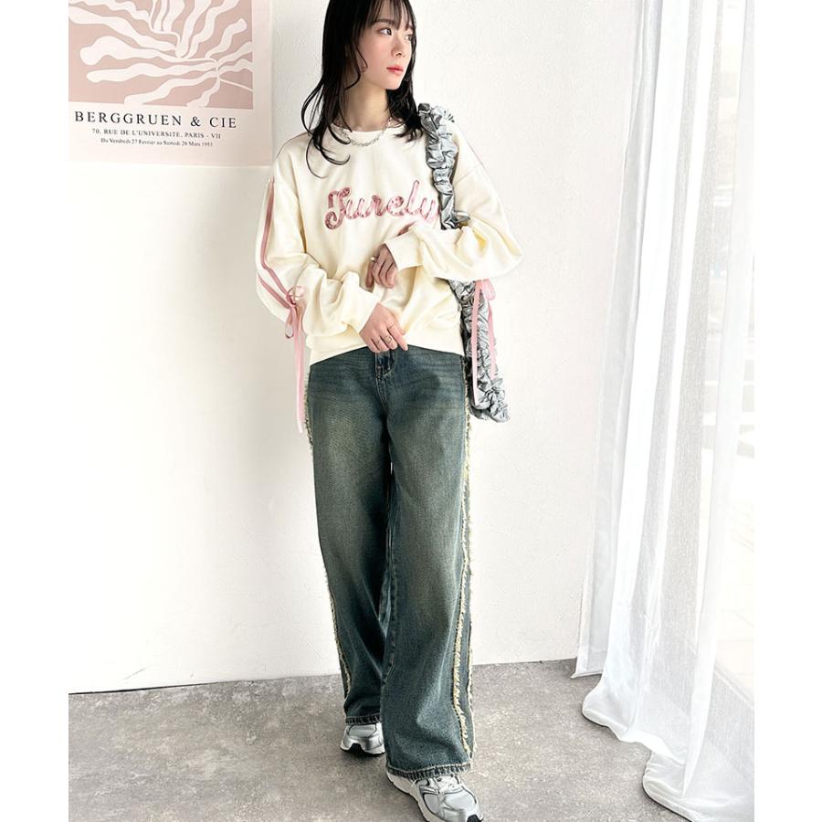 【mily bilet】トップス スウェット レディース トレーナー サテンリボン ロゴ サイドシャーリング 大人 可愛い ゆるっと カジュアル フェミニン | classicalelf | 05