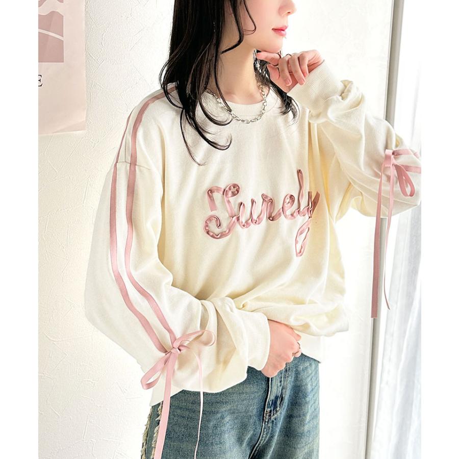 【mily bilet】トップス スウェット レディース トレーナー サテンリボン ロゴ サイドシャーリング 大人 可愛い ゆるっと カジュアル フェミニン | classicalelf | 06
