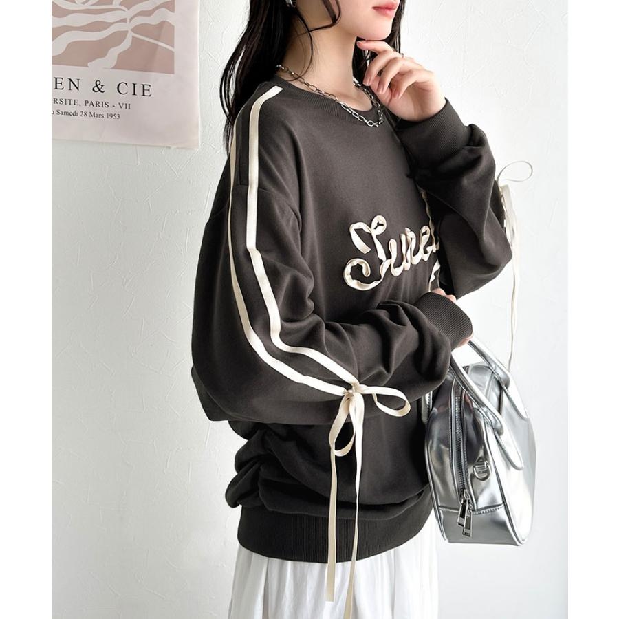 【mily bilet】トップス スウェット レディース トレーナー サテンリボン ロゴ サイドシャーリング 大人 可愛い ゆるっと カジュアル フェミニン | classicalelf | 09