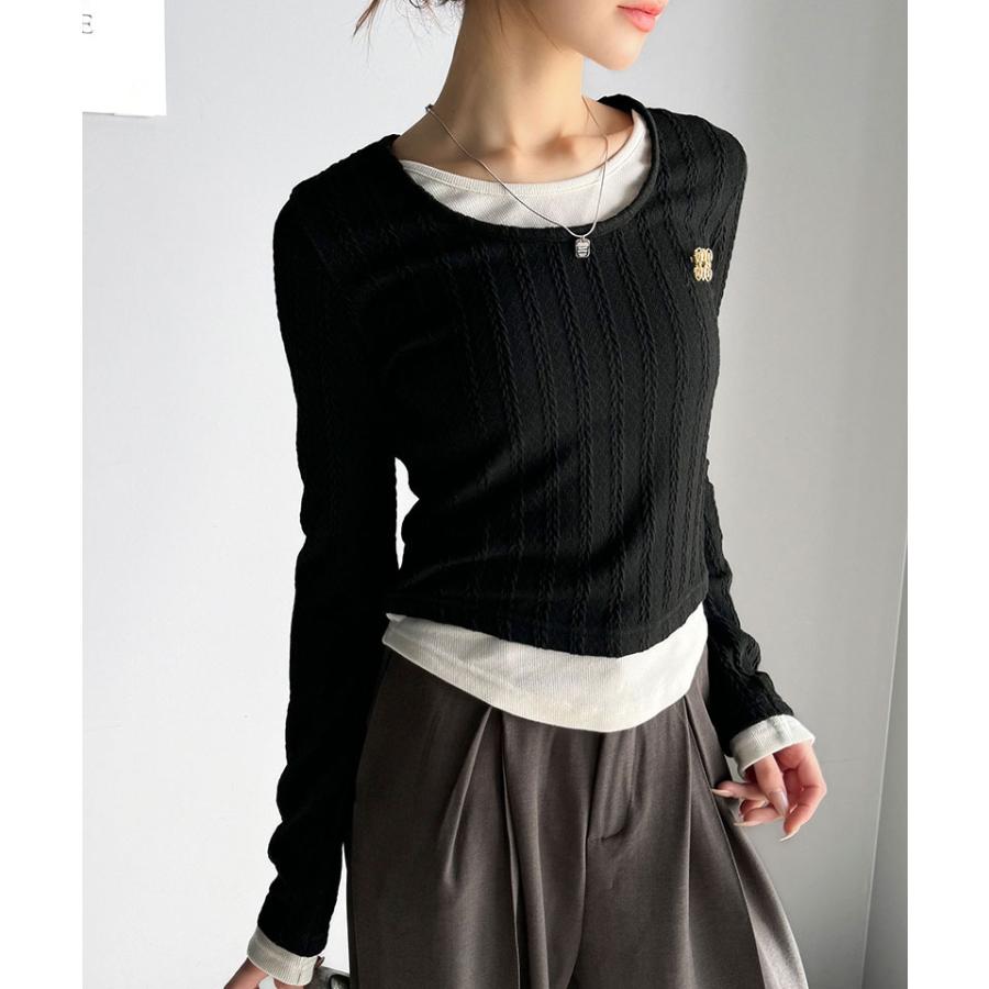 【mily bilet】トップス カットソー レディース ケーブル編み テレコリブ素材 ドッキングデザイン お洒落 レイヤード風 ブローチ付き | classicalelf | 10