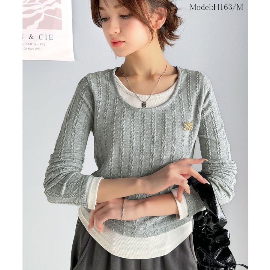 【mily bilet】トップス カットソー レディース ケーブル編み テレコリブ素材 ドッキングデザイン お洒落 レイヤード風 ブローチ付き | classicalelf | 12