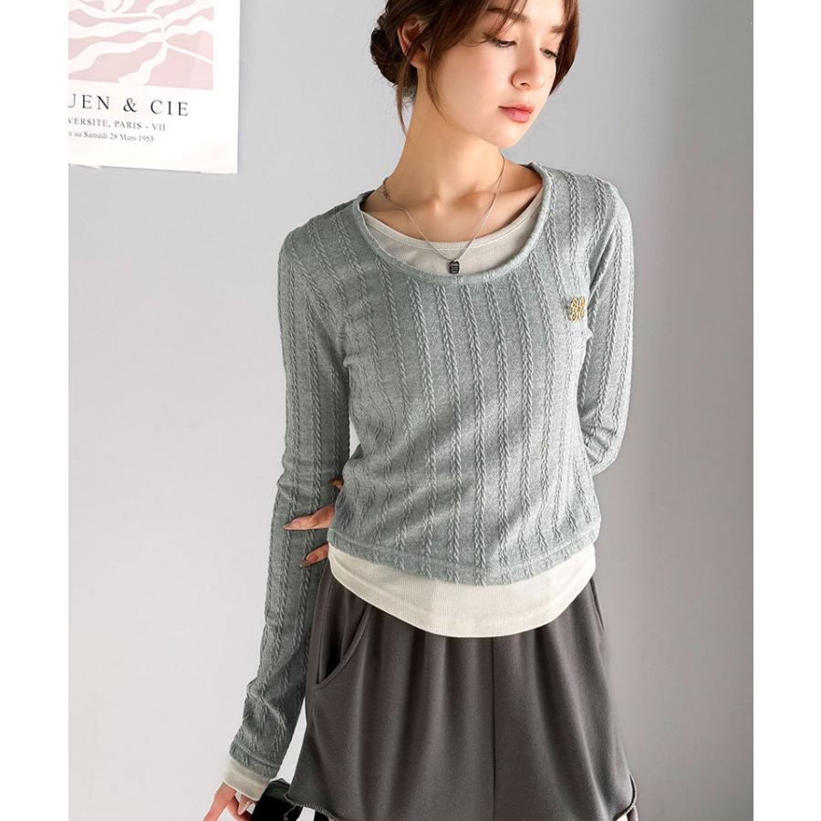 【mily bilet】トップス カットソー レディース ケーブル編み テレコリブ素材 ドッキングデザイン お洒落 レイヤード風 ブローチ付き | classicalelf | 13