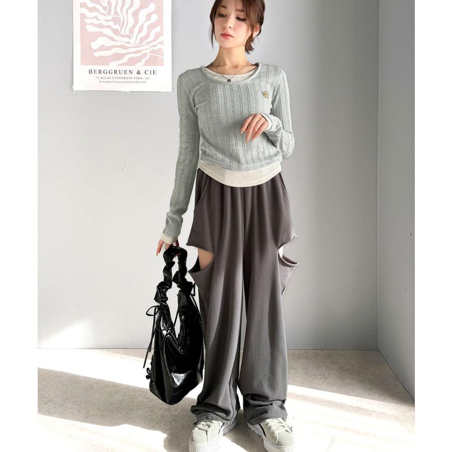 【mily bilet】トップス カットソー レディース ケーブル編み テレコリブ素材 ドッキングデザイン お洒落 レイヤード風 ブローチ付き | classicalelf | 14