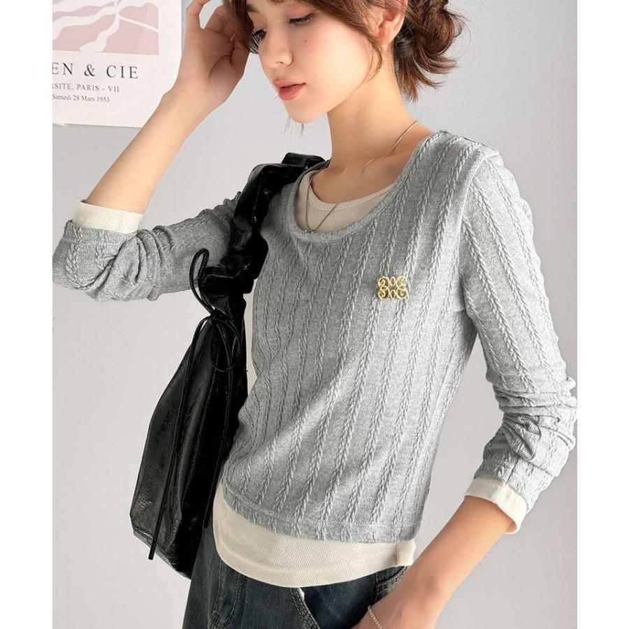 【mily bilet】トップス カットソー レディース ケーブル編み テレコリブ素材 ドッキングデザイン お洒落 レイヤード風 ブローチ付き | classicalelf | 15