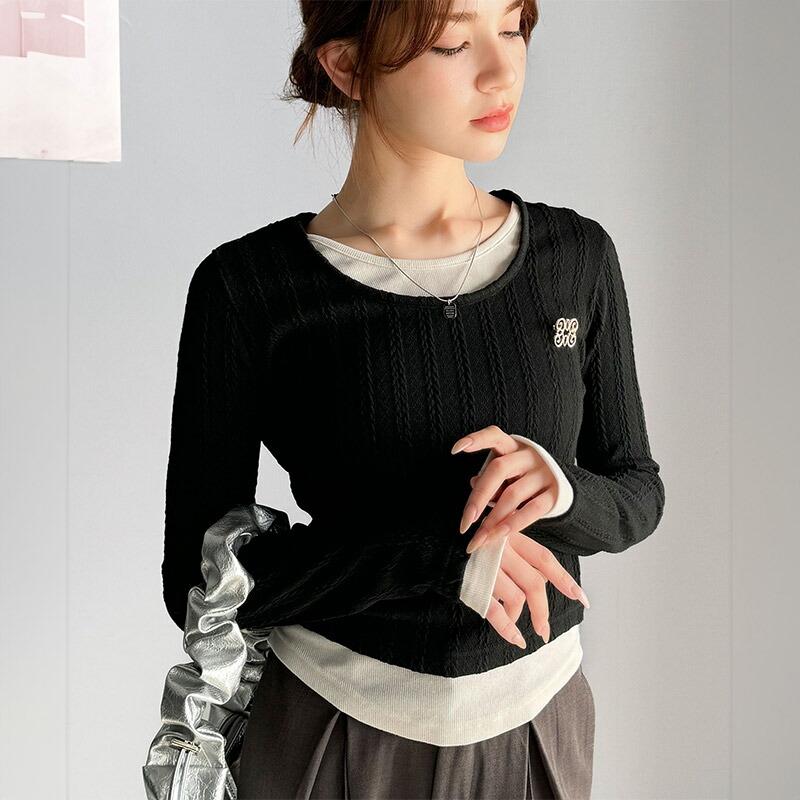 【mily bilet】トップス カットソー レディース ケーブル編み テレコリブ素材 ドッキングデザイン お洒落 レイヤード風 ブローチ付き | classicalelf | 19