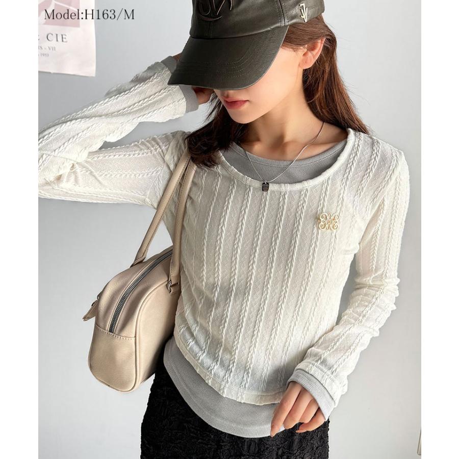 【mily bilet】トップス カットソー レディース ケーブル編み テレコリブ素材 ドッキングデザイン お洒落 レイヤード風 ブローチ付き | classicalelf | 03