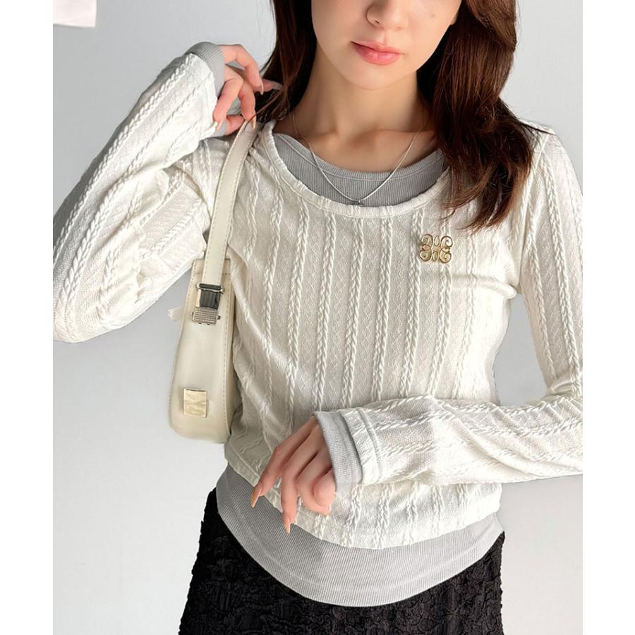 【mily bilet】トップス カットソー レディース ケーブル編み テレコリブ素材 ドッキングデザイン お洒落 レイヤード風 ブローチ付き | classicalelf | 04