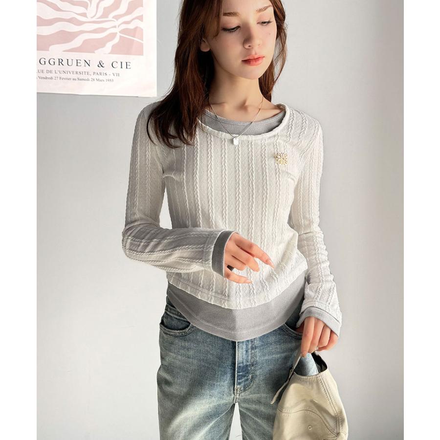【mily bilet】トップス カットソー レディース ケーブル編み テレコリブ素材 ドッキングデザイン お洒落 レイヤード風 ブローチ付き | classicalelf | 06