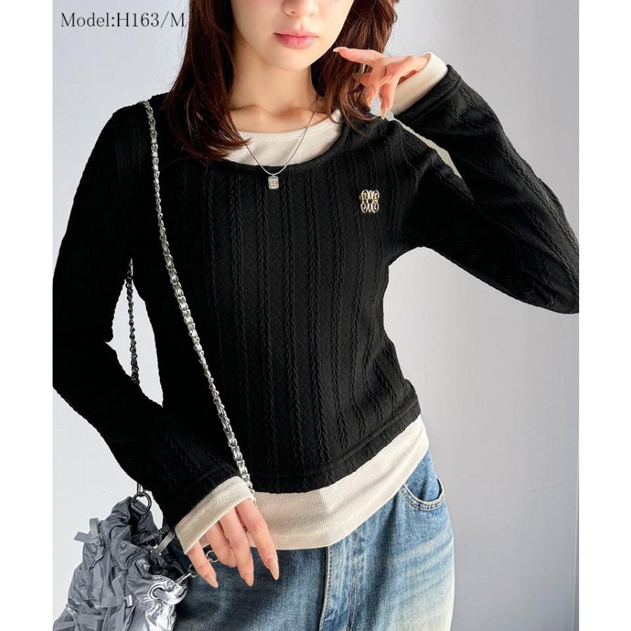 【mily bilet】トップス カットソー レディース ケーブル編み テレコリブ素材 ドッキングデザイン お洒落 レイヤード風 ブローチ付き | classicalelf | 08