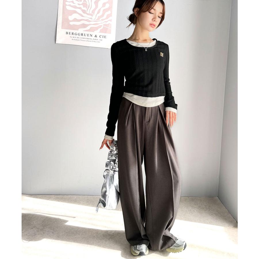 【mily bilet】トップス カットソー レディース ケーブル編み テレコリブ素材 ドッキングデザイン お洒落 レイヤード風 ブローチ付き | classicalelf | 09