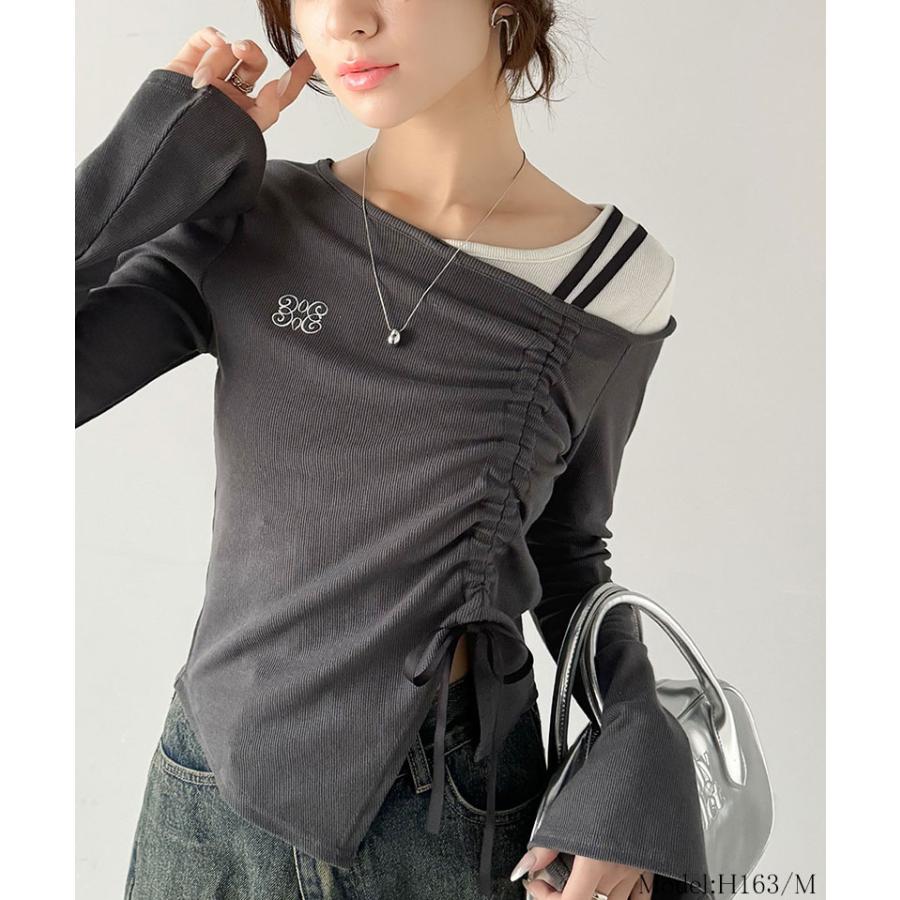 【mily bilet】 トップス Tシャツ レディース アシンメトリー ネック レイヤード 風 シャーリング 使い 袖 フレア 胸 刺繍 カットソー 長袖 | classicalelf | 10